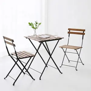 outdoor garden use acacia wood top metal frame folding table and chair set with square or round shape