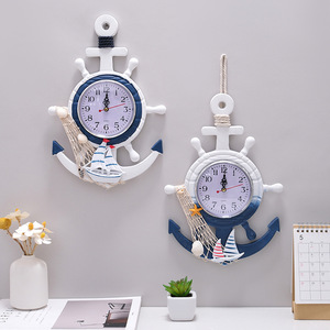 Mediterranean Style Ship Wheel Anchor Wall <b>Clock</b> Blue <b>White</b> Nautical Decor Battery Powered Single Sided - Product Image 1