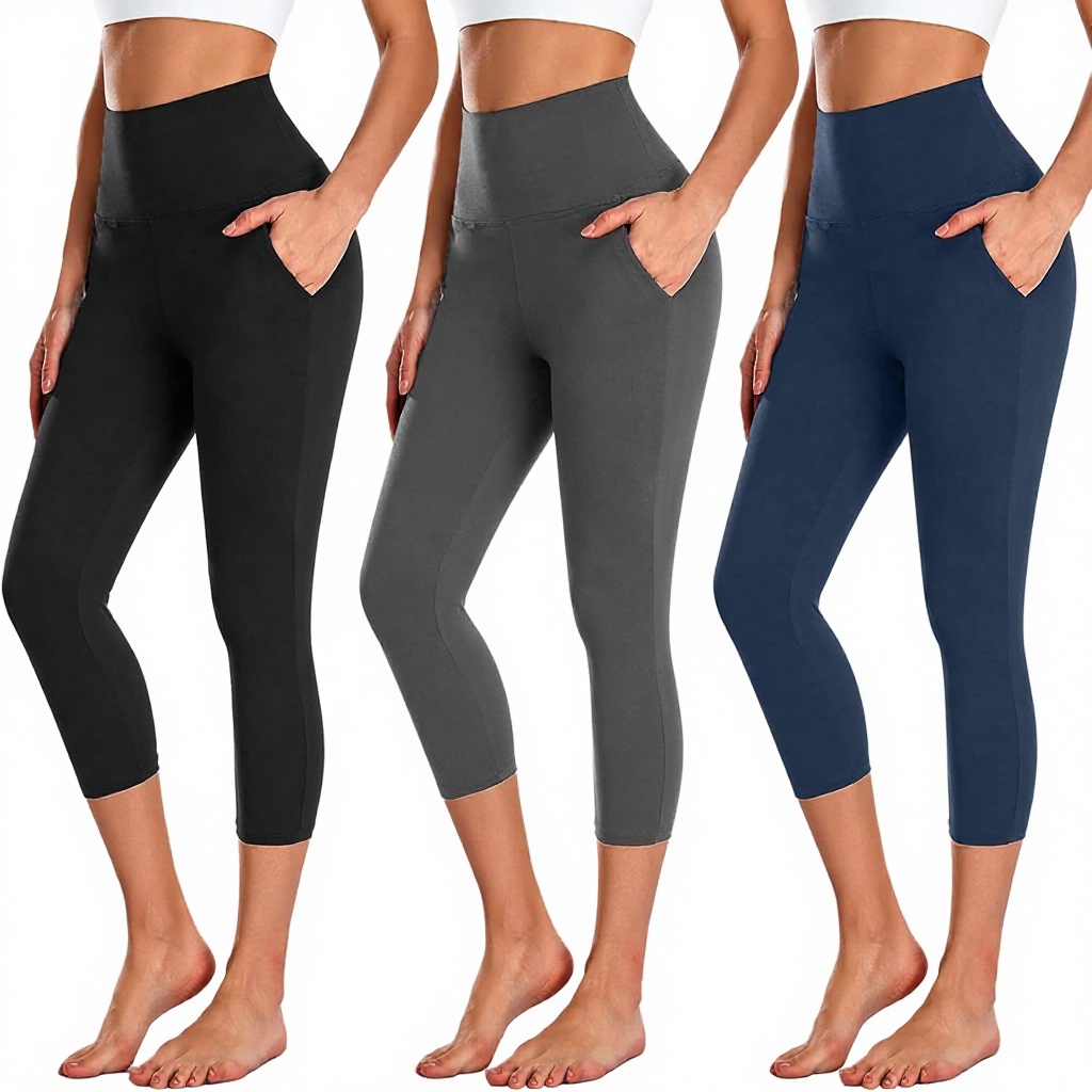NEW YOUNG 3 Pack Capri Leggings for Women with Pockets-High Waisted Tummy Control Workout Gym Yoga Pants Polyester Vintage Style