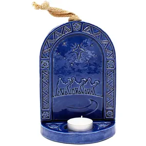 Portacandele tealight da appendere in ceramica personalizzata a parete placca wise men blue candle wall sconce