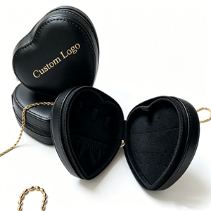 Heart-Shaped <b>Black</b> Jewelry <b>Box</b> With Zipper Closure Embossed Custom Logo For Earrings Necklaces Storage Case - Product Image 1