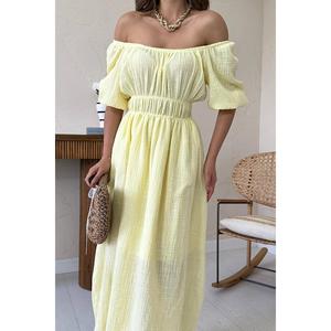 Vestido de lino de muselina amarillo de talla única con cuello fruncido, de alta calidad, informal, de tweed, con cintura imperio y volantes, ideal para el día a día. - Product Image 2