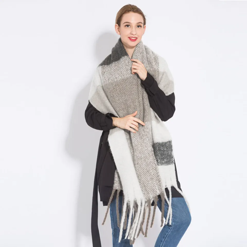 High Quality Luxury Brand Wool Winter Warm Women Scarf Plaid Thick Blanket Shawls and Wraps Scarves for Women