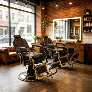 Fauteuil de Barbier Commercial Rétro Entièrement Noir avec Cadre Métallique Sculpté, Fauteuil Inclinable pour Hommes, Salon de Coiffure, Salon de Tatouage - Product Image 1