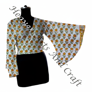 2025 à la mode Floral Wrap Cravate Top Bloc Imprimer Club Robe De Soirée Filles Cloche Manches Wrap Cravate Top Main Bloc Imprimer Top - Product Image 1