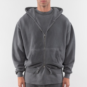 Sweat à capuche gris clair en molleton bouclette pour homme, 100 % coton, couleur unie, lavage vintage personnalisé, saison hiver, fermeture éclair, écologique, vente en gros - Product Image 1