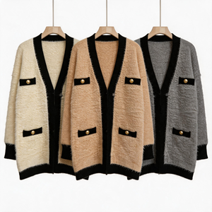 Cárdigan de <span class=keywords><strong>Mujer</strong></span> Personalizado, Color Crema, con Detalles en Contraste Negro, Cuello en V, Largo Medio, Estilo Tweed Elegante - Product Image 2