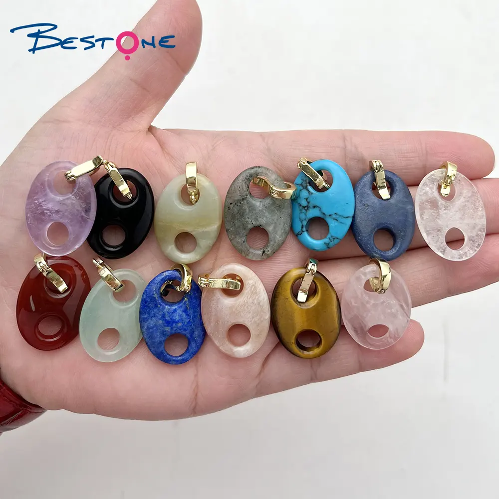 Bestone Fashion Chain Oval Colorful Natural Semi-precious Stone Pendant Women Gemstone Pendant Necklace