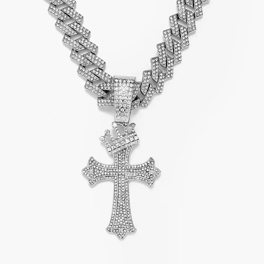 Oro blanco Iced Out Crown Cross Colgante Hip Hop Aleación Crystal Cross Colgantes para Rock Men Charm Jewelry