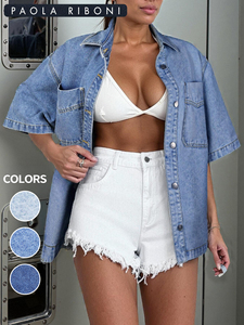 เสื้อเชิ้ตเดนิมทรงหลวมสำหรับผู้หญิง แบบลำลอง ติดกระดุม ชายโค้ง - Product Image 5