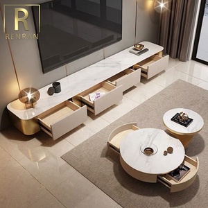 Modern Design Luxury Fancy Living Room Furniture Gold Metal Wood Sintered Stone Top Tv Stand and <strong>Coffee</strong> <strong>Table</strong> Sets - Product Image 3