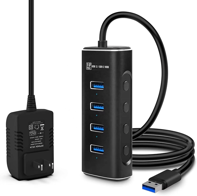 Aluminum Powered 4 Por USB 3.1/3.2 Gen 2 Hub 10Gbps 3.3ft Data Cable 5V/2A Power Adapter Plug&Play in Stock Laptop