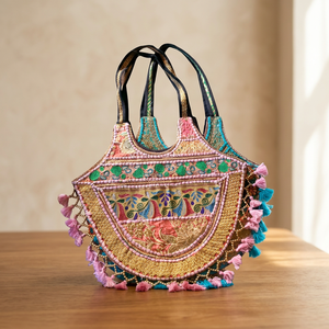 BS INTERNATIONAL Bolsos de Hombro Plegables de Cuero Genuino a la Moda, Ligeros y Portátiles, para Chicas, Estilo Cultural Indio - Product Image 1