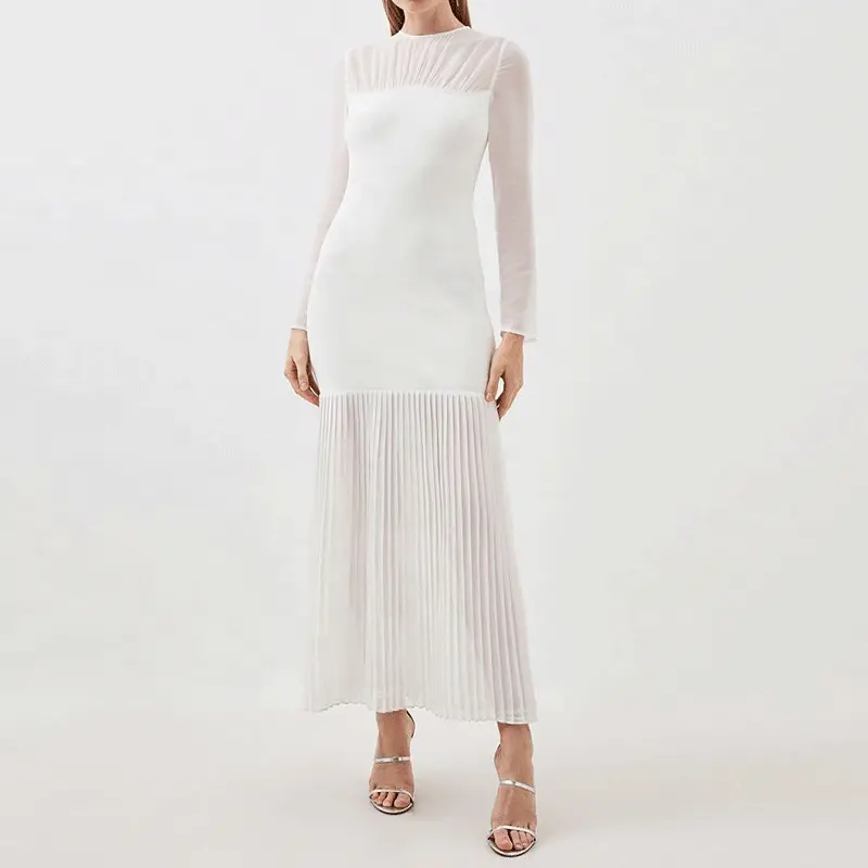 Белое Сетчатое Плиссированное длинное женское платье