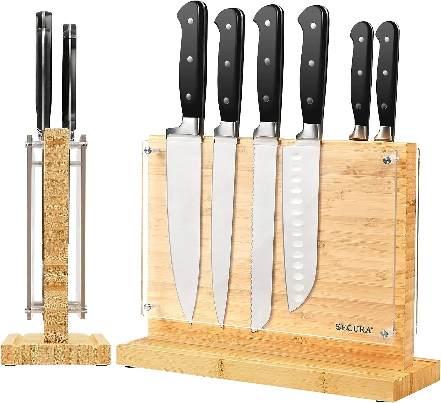 Bamboo Knife Stand, Double Side Knife Holder, Kitchen Multifunctional Storage with Transparent Acrylic Protection