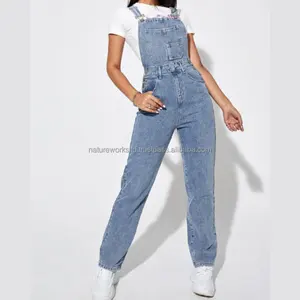 Casual Wear Straps Neckline Denim Overall Ladies Jeans Medium Wash Regular Fit High Waist Long Sleeveless Jumpsuits Jean's Girls