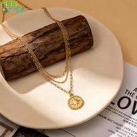 Collier personnalisé à maillons trombones superposés en acier inoxydable 316L plaqué or PVD avec pendentif rond serti de zircons