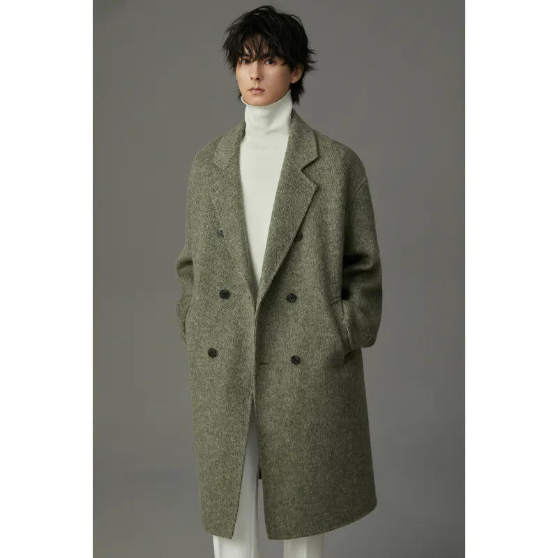 Autumn and winter new double-breasted double-sided tweed coat men's knee-length paragraph drop shoulder sleeves cashmere jacket