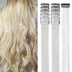 Extensiones de Cabello con Brillo Plateado, 12 Piezas, Kit de Extensiones de Cabello con Clip para Niñas, 20.5 Pulgadas, Brillantes y Relucientes - Product Image 1