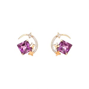 Boucles d'oreilles en or E2340 avec cristal violet, design étoile et lune, pour femmes, à porter au quotidien, bijoux mignons et tendance - Product Image 1
