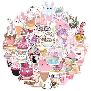 50 pièces/sac Mignon Lapin avec Gâteau mignon Lait en Bulles autocollants alimentaires Imperméable PVC Vinyle Amovible kawaii autocollants