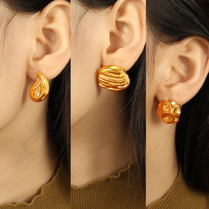 Geometric <b>Stud</b> Earrings Gold Plated <b>Titanium</b> Steel Irregular Texture For Women - Product Image 4