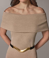 Robe crayon élégante de luxe en crêpe naturel côtelé à col bateau, coupe droite mini, avec ceinture dorée simple, pour femme, idéale pour les fêtes, collection automne, personnalisable OEM