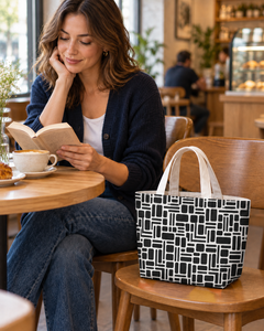 Sac fourre-tout à motif géométrique personnalisé, taille moyenne, en toile textile tendance pour usage quotidien, 100% RPET, faible MOQ, sac de shopping avec logo personnalisé - Product Image 3