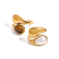 Anillos Sofisticados de Acero Inoxidable con Perlas en Forma de Lágrima, Resistentes al Agua, Chapados en Oro, con Ojo de Tigre Azul Marrón