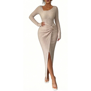 <span class=keywords><strong>Vestido</strong></span> Maxi Ajustado <span class=keywords><strong>de</strong></span> Mujer con Textura Acanalada - Elegante <span class=keywords><strong>Vestido</strong></span> Largo con Mangas Largas, Abertura Lateral y Detalle <span class=keywords><strong>de</strong></span> Nudo, Moda Sehe - Product Image 4
