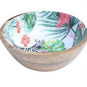 Bol en bois de manguier émaillé fait main de luxe avec motifs zèbre tropical et floraux pour le service des aliments et la décoration de fête - Product Image 1