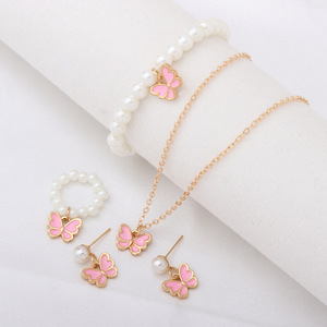 Ensemble de bijoux fantaisie plaqué or 14 carats, pendentif papillon, bracelet de perles, boucles d'oreilles, collier, cadeau de mariage, accessoires unisexes pour femmes - Product Image 4