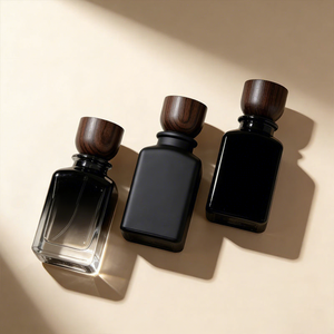 Custom <b>Black</b> square Perfume Bottle 30ml 50ml 100ml Wood Cap Empty Crimp Glass Perfume Bottles with <b>Box</b> Packaging - Product Image 1