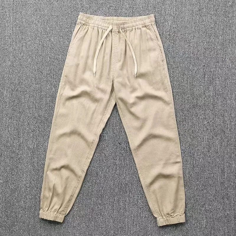 JH. Tan chino men pants trousers khaki jogger pants tapered cotton twill jogging pants with drawcord