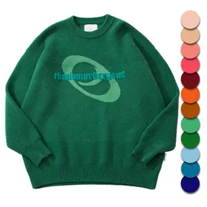 OEM Custom Make 12GG Knitted Crew Neck Sweater Green Cashmere Letters Chenille Embroidery Jacquard Winter Sweater For Men