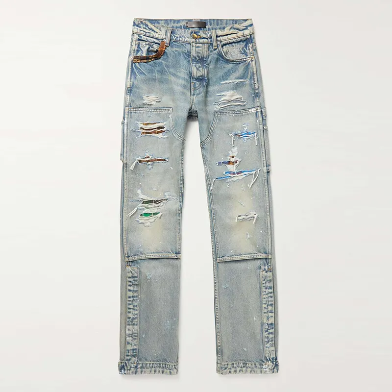 OEM custom high quality splatted distressed jean pants stretchy wash denim straight ripped jeans for men