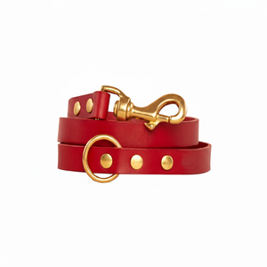 Venta caliente correa de cuero genuino para mascotas Collar de perro rojo redondo de lujo con gancho de presión de latón dorado de moda y elegante - Product Image 1