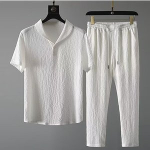 Ensemble de survêtement d'été 2 pièces pour homme, respirant, haut à manches courtes + pantalon long, couleur unie, col polo à revers, bouton, taille élastique - Product Image 1