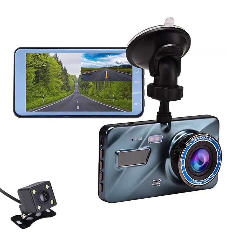 กล้องติดรถยนต์แบบคู่สำหรับรถยนต์ DVR ด้านหน้าและด้านหลังเครื่องบันทึกวิดีโอ4 "LCD FHD 1080P เลนส์คู่ขายดี