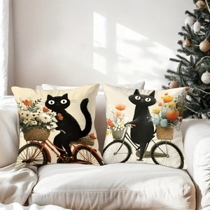 Des chats noirs chevauchent des vélos avec des paniers de fleurs, des oreillers décoratifs pour la maison. - Product Image 3