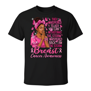 Camiseta negra de concienciación sobre el cáncer de mama con lazo rosa, diseño I Am The Storm para mujeres y hombres - Product Image 2