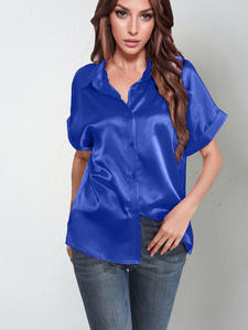 Chemise à boutons en satin à manches courtes en soie unie et longue chemise ample et décontractée avec logo personnalisé pour le printemps et les États-Unis - Product Image 6