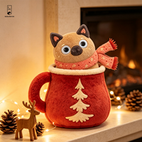 Coussin en peluche chat dans une tasse, visage brodé, doux et rembourré, décoratif de Noël pour canapé et cadeau