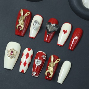 Uñas postizas acrílicas de lujo hechas a mano, precio de fábrica, estilo Y2K con diamantes de imitación, forma ataúd, cobertura completa 3D, puntas francesas. - Product Image 1