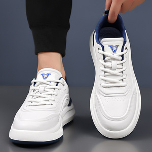 Men's Black Leather Sneakers Low <b>Heel</b> Breathable Rubber Sole Casual Walking Shoes - Product Image 4