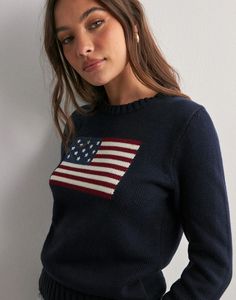 <span class=keywords><strong>Pull</strong></span> tricoté ample décontracté pour femmes avec décoration de bouton de motif de <span class=keywords><strong>drapeau</strong></span> national vêtements en gros haut - Product Image 1