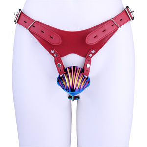 Металлическое устройство целомудрия с ремнем, красно-черная клетка для члена из ПУ, FRRK - Product Image 2