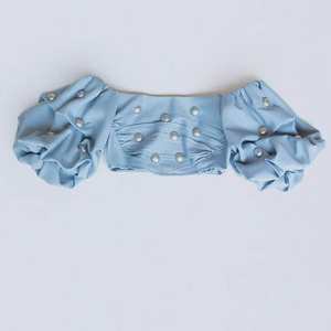 Blusa Corta de Verano para Mujer, Transpirable, Ajustada, Azul Dulce, con Adornos de Perlas, Hombros Descubiertos, Manga Abullonada, Estilo Chic - Product Image 2