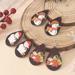 Boucles d'oreilles pendantes en bois de Noël, forme goutte d'eau, Père Noël et bonhomme de neige de dessin animé, ensemble de bijoux cadeau pour femme - Product Image 4