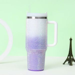 Mug isotherme de voyage 40 oz en acier inoxydable double paroi avec poignée, couleur dégradée, incrusté de perles et de diamants - Product Image 2